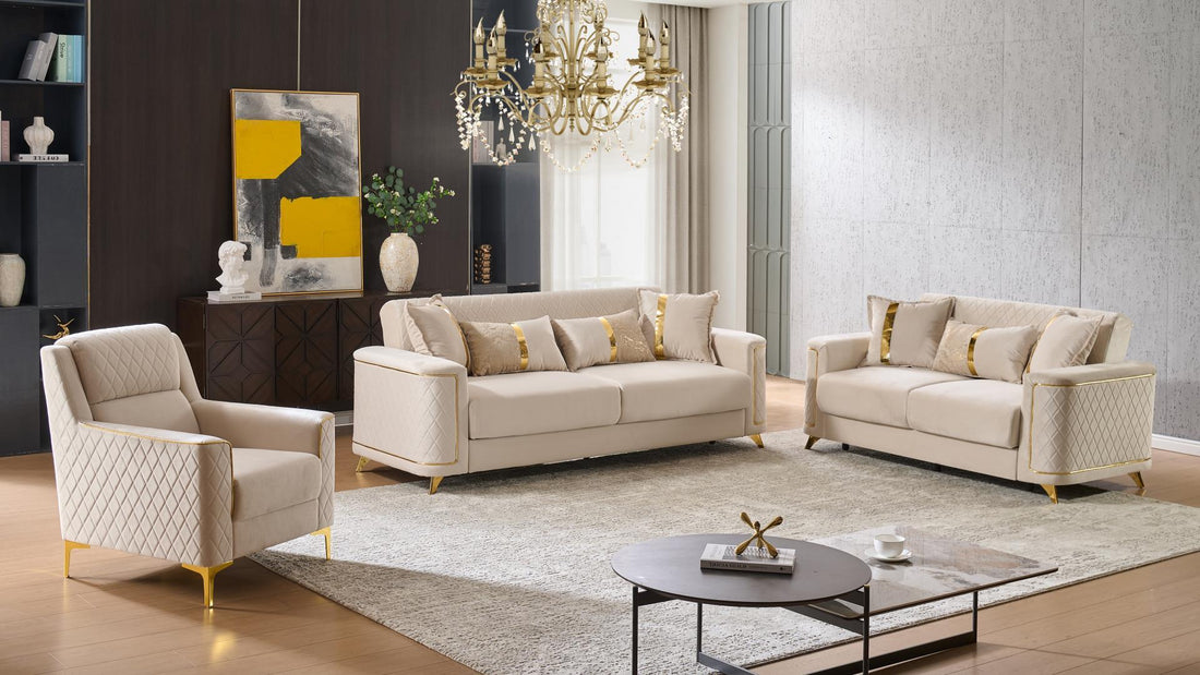 2 pc Lisa beige diamond pattern fabric upholstered rounded arms gold trim accents sofa and love seat set with sleeper and storage