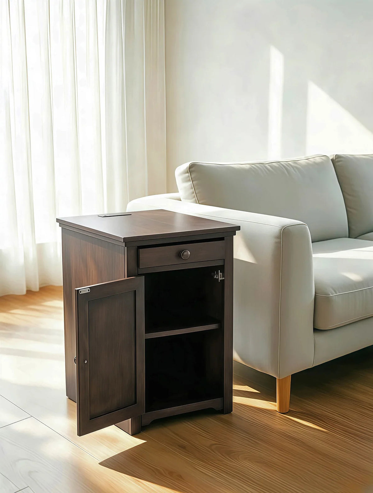 Mission Greyish Brown Wood Snack Side End Table with USB and Cup Holders Cabinet – MS-1170