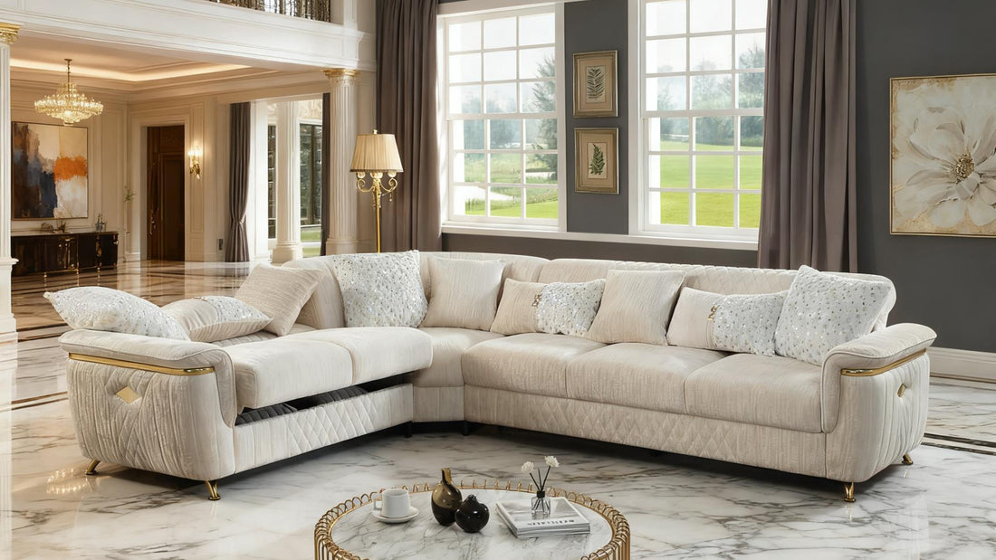 3 pc Argo cream fabric upholstered dual sleeper with storage reversible sectional sofa gold trim accents