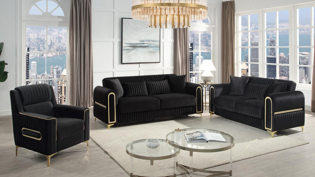2 pc Ruby black fabric upholstered rounded arms gold trim accents sofa and love seat set with sleeper and storage