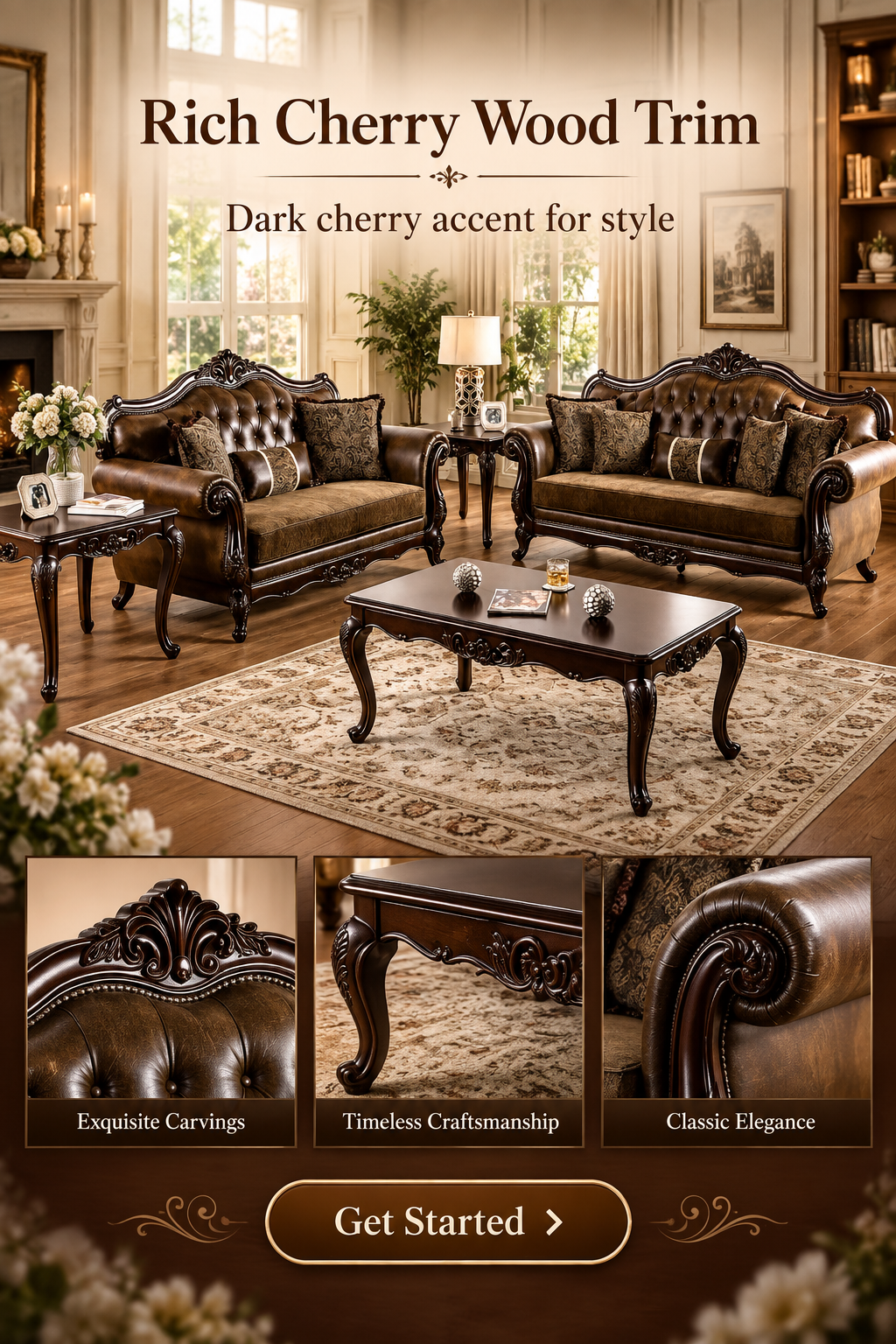 Ensenada Brown Patterned Fabric & Leatherette 2-Piece Traditional Sofa & Love Seat Set with Dark Cherry Wood Trim – FM65003BR