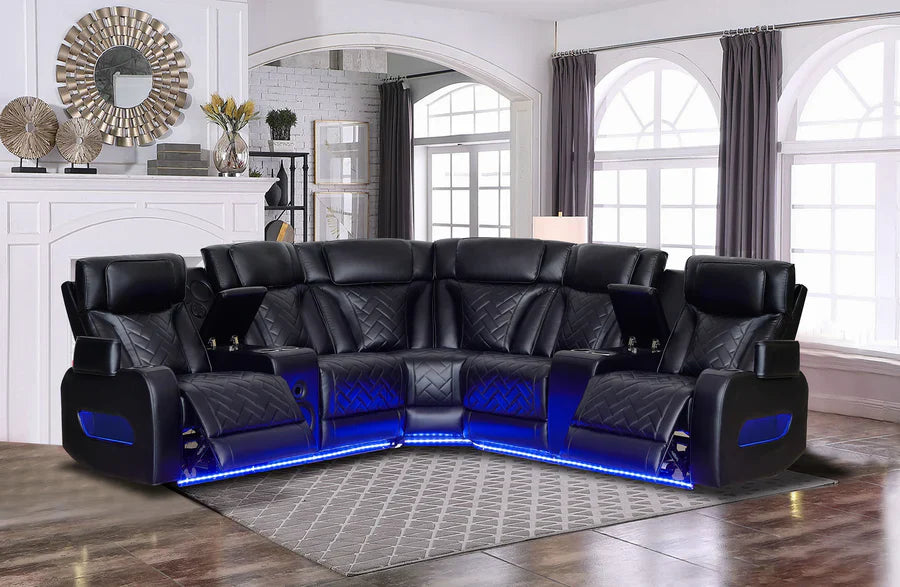Mc-Ferran SF5868-3PC 3 pc Fortuner black leather aire power reclining and Power headrests sectional sofa LED lighting