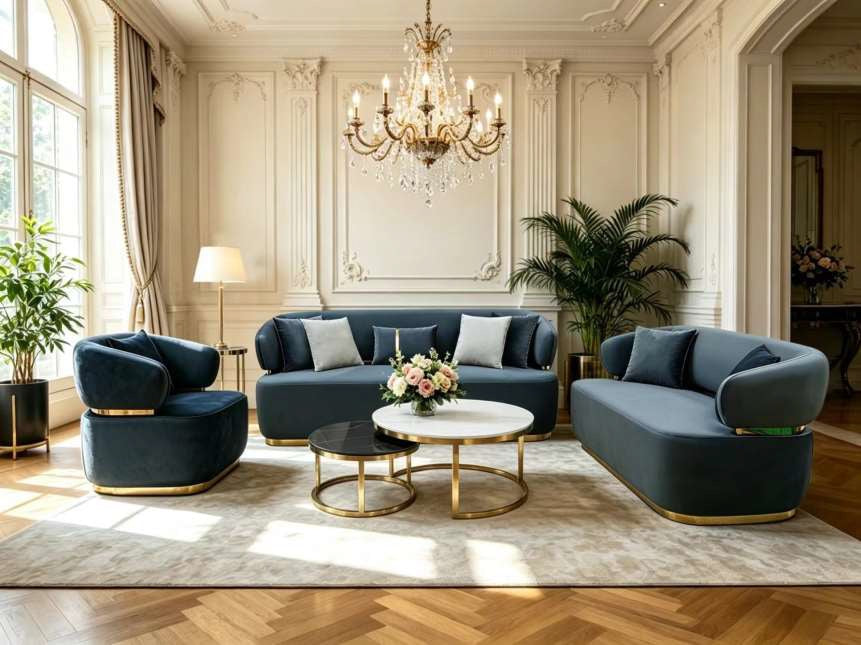 Mc Ferran SF589 2 pc Barcelone grey fabric sofa and love seat with gold trim accents