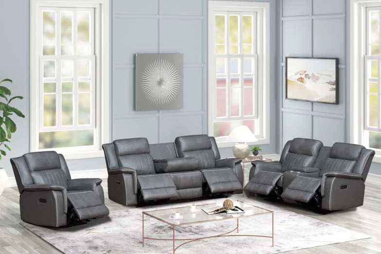 Mc-Ferran SF8024-2PC 2 pc Gray leather aire power reclining sofa and love seat set accented piping trim
