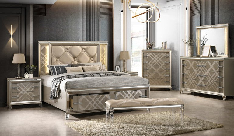 Santiago-EK-4PC 4 pc Santiago champagne gold finish wood faux leather upholstered headboard LED lighting eastern king bed set