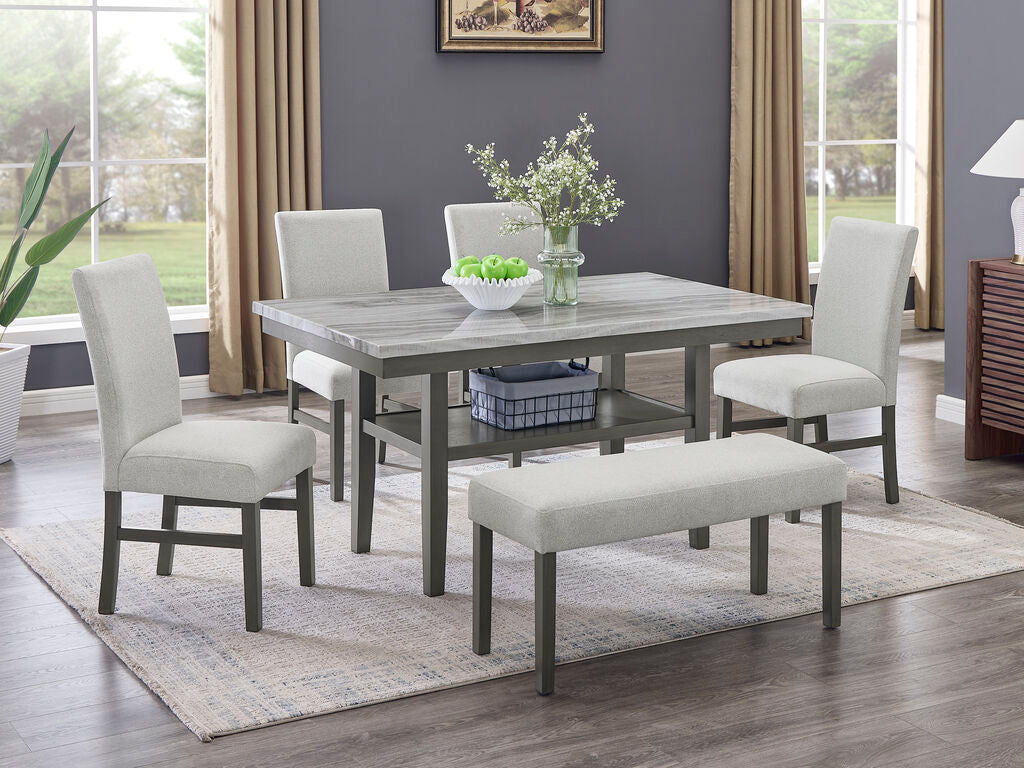 30066-3-6PC 6 pc Selena grey finish wood grey faux marble top modern dining table set with bench
