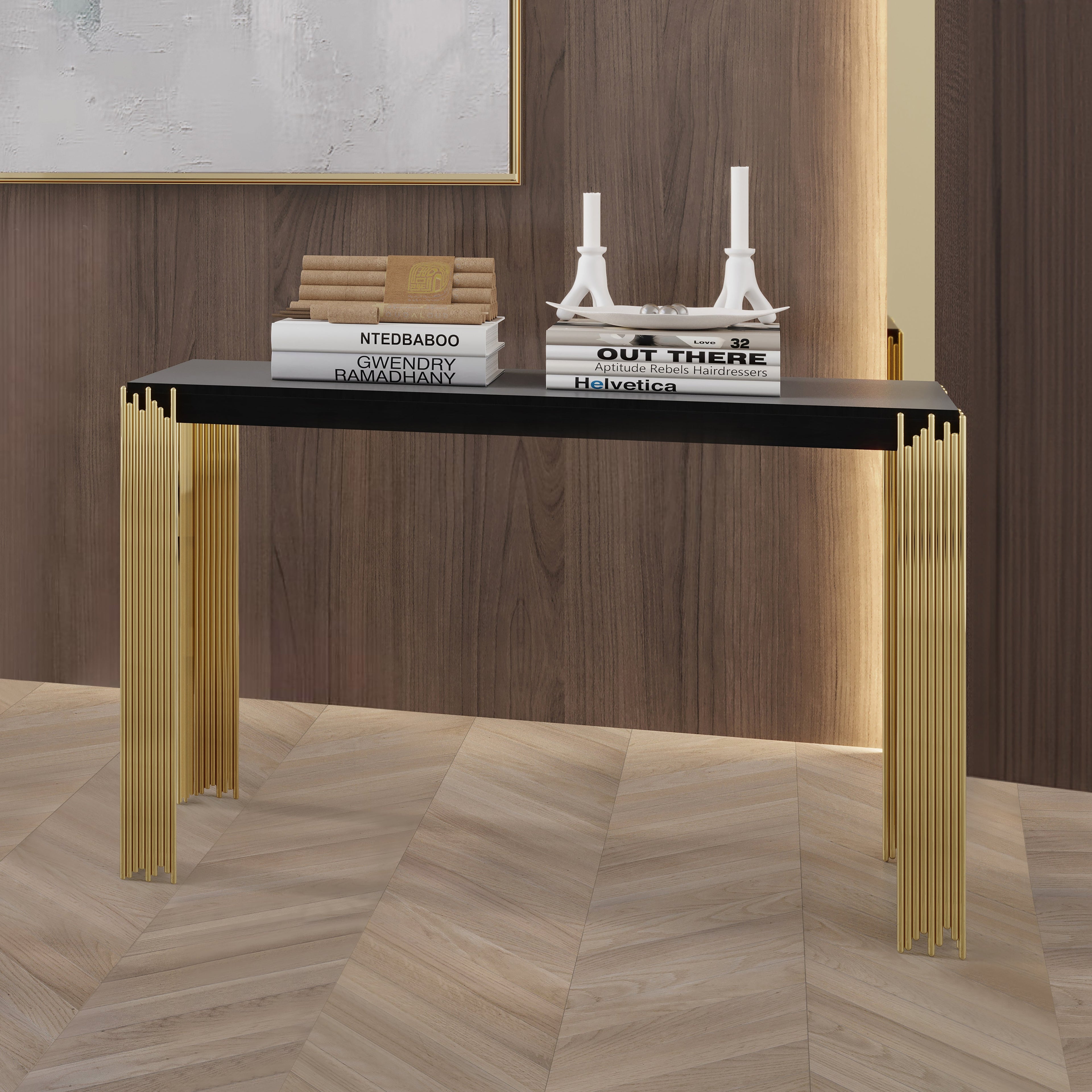 T2034-30-BLK Empire black finish wood with gold accent legs sofa entry console table
