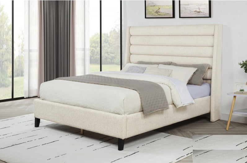 TLR50CQ Sora oat fabric channel tufted upholstered black wood legs queen platform bed