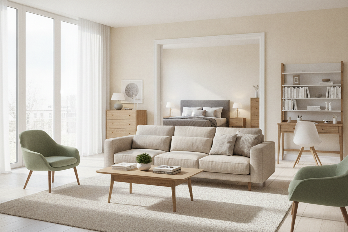 Modern living space with ambfurniture featuring a neutral sofa, wood coffee table, and stylish decor ideas