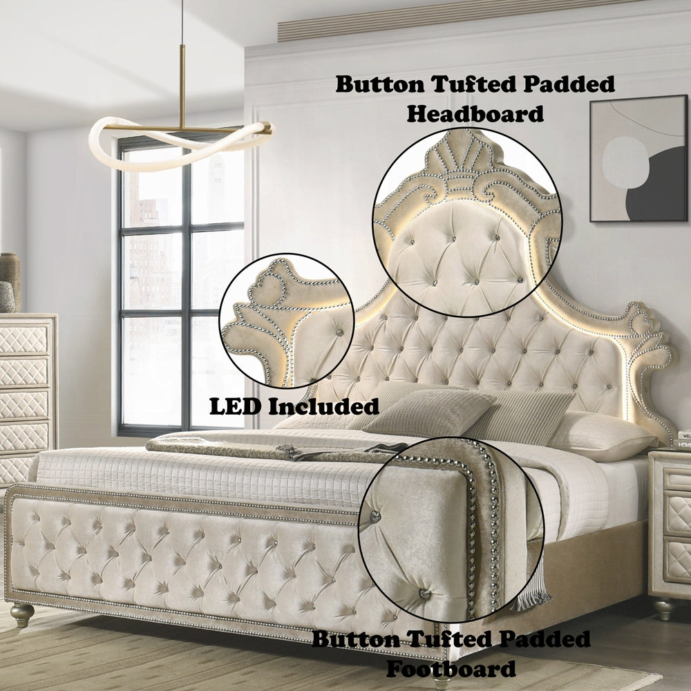 BD02335Q Lucienne Beige Velvet Tufted Ornate Queen Bed with LED Lighting