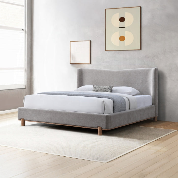 Acme BD05842Q Melbourne grey chenille fabric upholstered queen platform bed set curved headboard