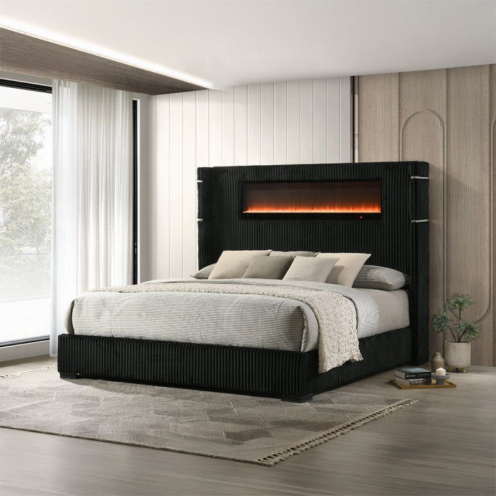 Acme BD06022Q Garner black corduroy upholstered fabric queen bed set LED lighted fireplace headboard Bluetooth speaker and USB