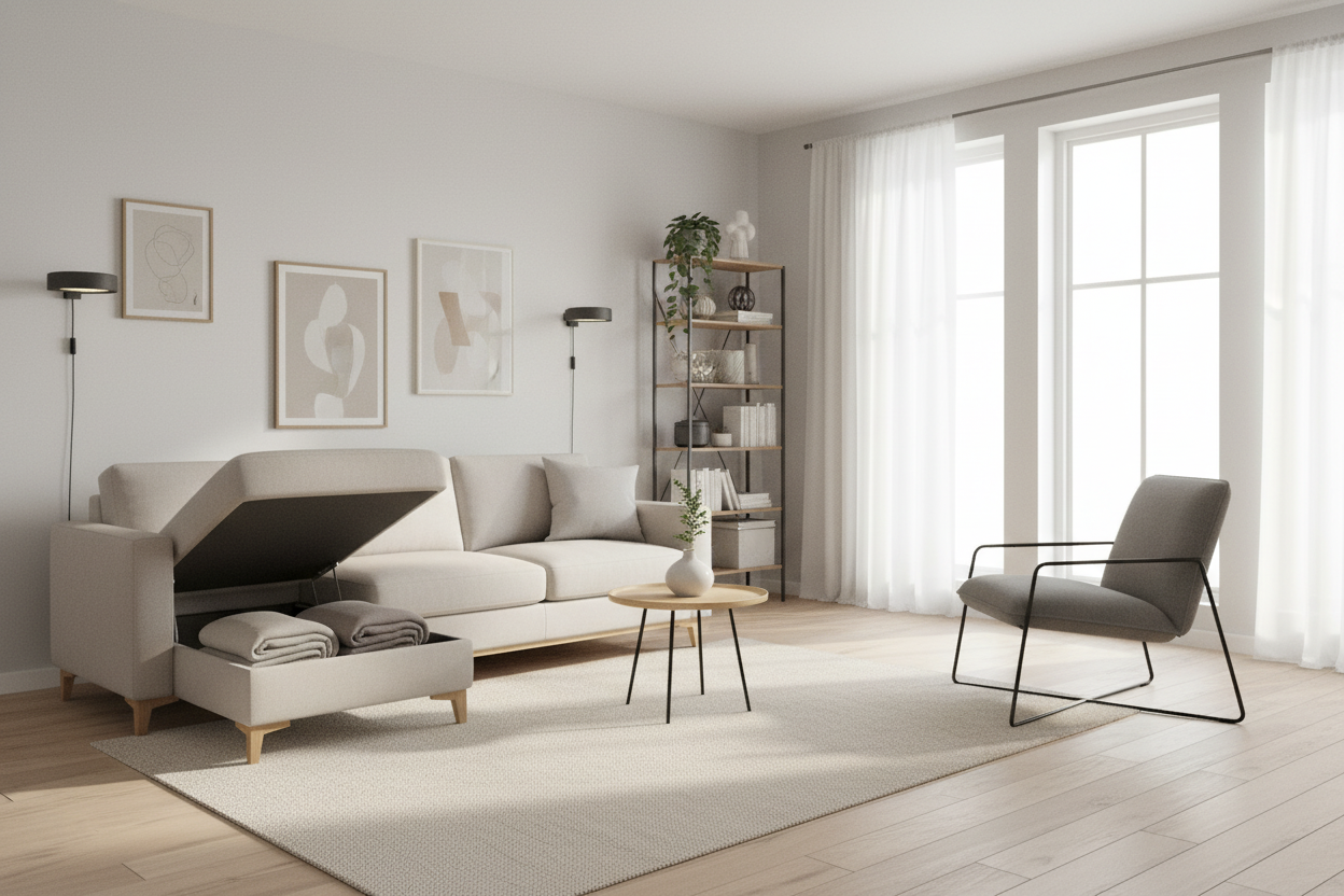 Modern living room with the best sectional for small space living featuring hidden storage and minimalist decor