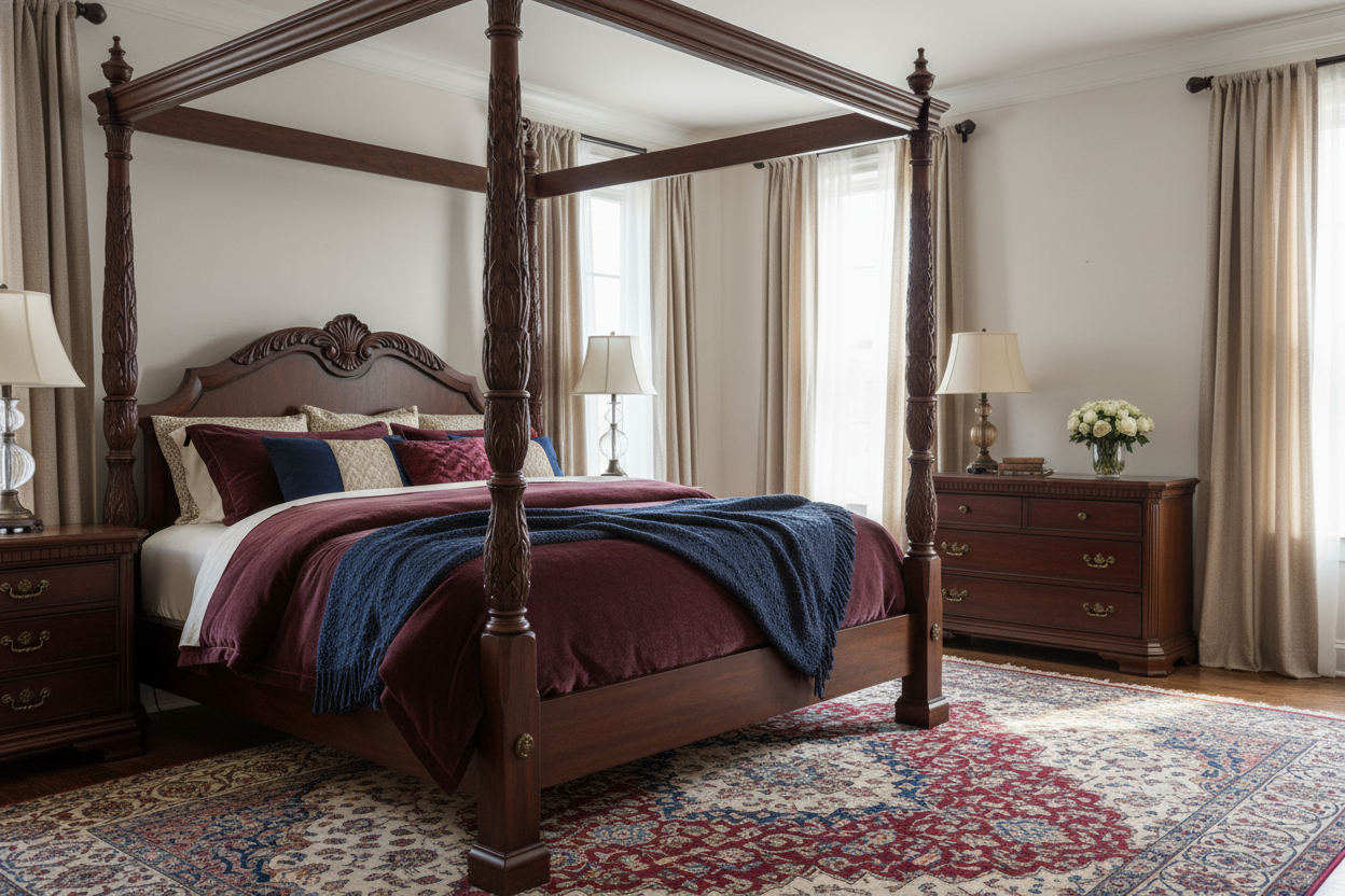 Elegant canopy bedroom set with rich wood finish and classic decor for a luxurious home retreat