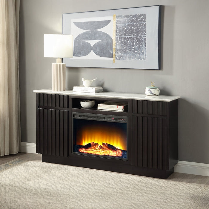 Acme DN02718 Jaramillo rustic espresso finish wood marble top fireplace buffet server sideboard cabinet