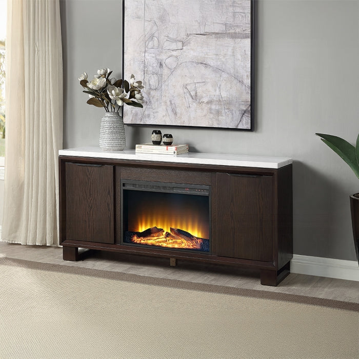 Acme DN03199 Edwyn rustic espresso finish wood marble top fireplace buffet server sideboard cabinet