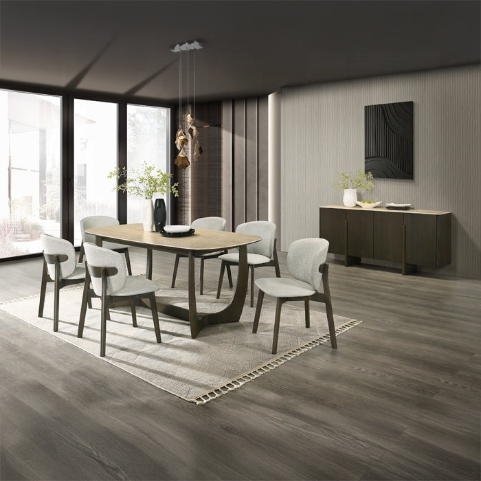 Acme DN04495-7PC 7 pc Davita walnut finish wood mid-century modern stone travertine look top dining table set fabric back chairs