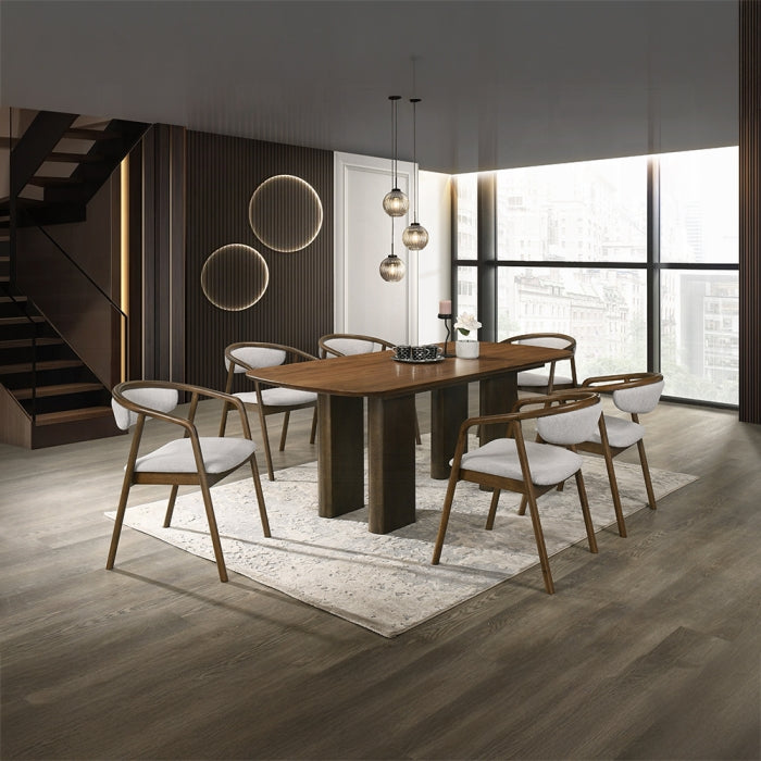 Acme DN04585-7PC 7 pc Delina walnut finish wood mid-century modern dining table set fabric back chairs