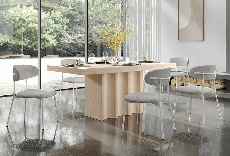 Acme DN04745-7PC 7 pc Inca travertine stone top mid century modern dining table set light grey chairs