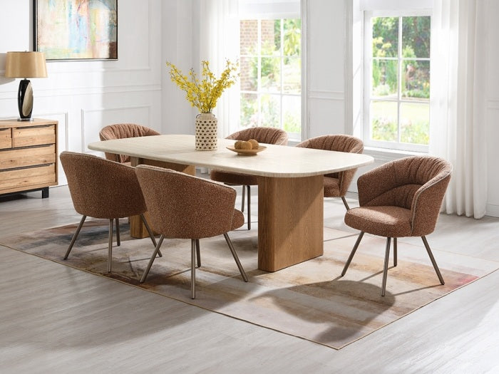 Acme DN04755-58-7PC 7 pc Lidi natural finish wood faux marble top mid century modern dining table set rust orange boucle chairs