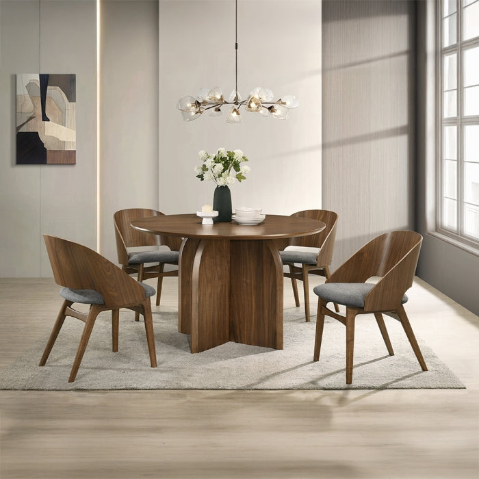 Acme DN06275-5PC 5 pc Delmon walnut finish wood mid-century modern 47" round dining table set wood back chairs