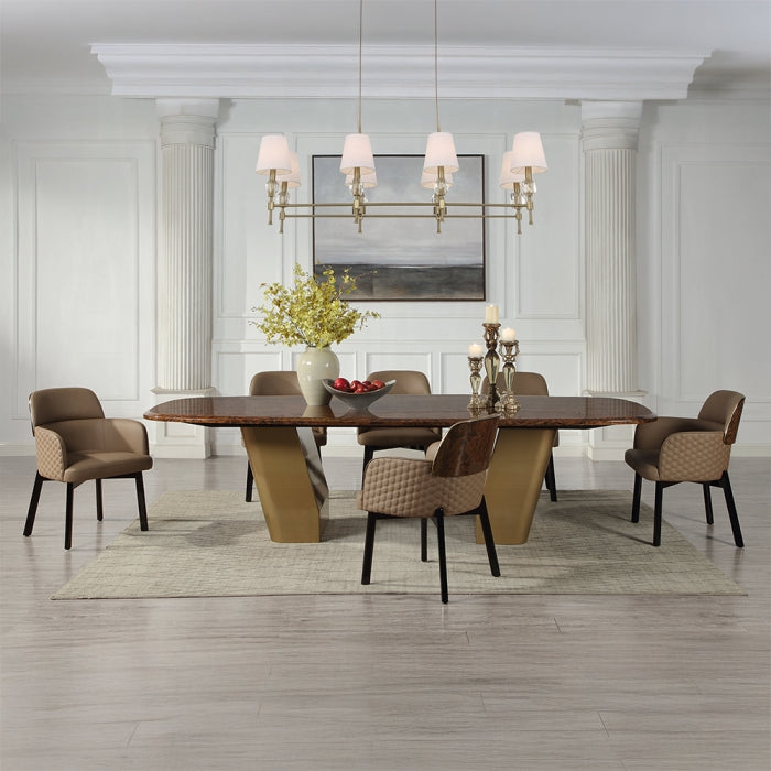 Acme DN60020-7PC 7 pc Jamonica wood grain finish top gold pedestal bases mid-century modern 120" dining table set