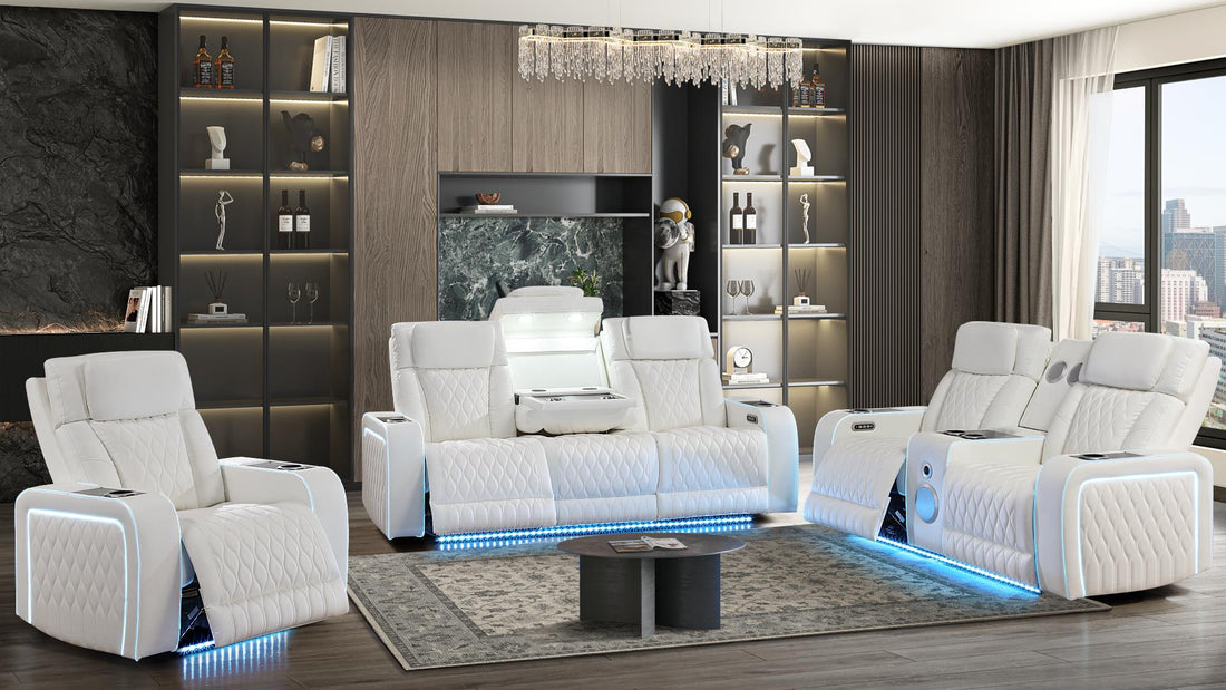 2 pc Electra white faux leather power motion sofa and love seat with massagers and LED , wireless charging, LEDS , cup holders