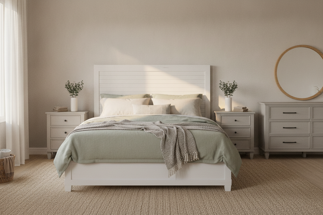 Cozy farmhouse bedroom furniture sets in a bright, modern space for home decor inspiration