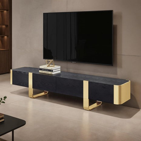 FM-AC8028GD-TV Leknes black wood finish with gold metal accents 79" wide modern TV stand entertainment center