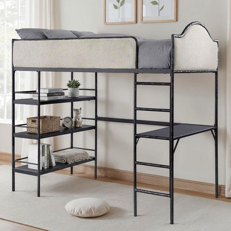 FM-BK700BK-T Forli black metal frame and light brown fabric Twin loft workstation bunk bed with desk