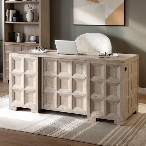 FM-DK9011NT-D Hatton cross tawny finish wood coffer design office desk with power outlets