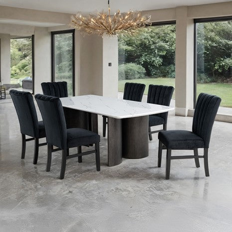 FM34007WH-T-7PC 7 pc Selsey dark walnut finish wood white faux marble top mid-century modern dining table set