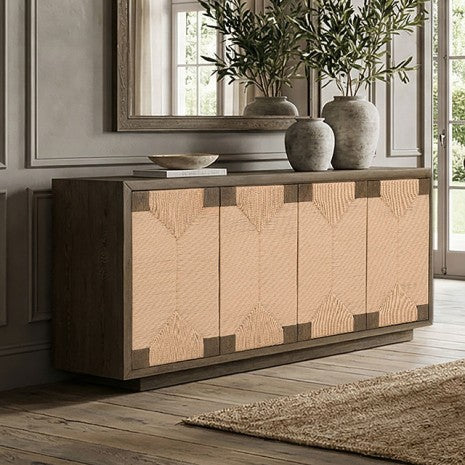 FM34008DW-SV  Casoria dark walnut finish wood chevron like pattern on doors 70" 4 door buffet sideboard server cabinet