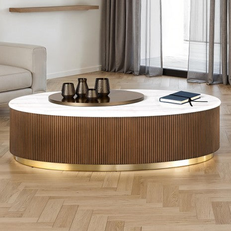 FM47000BR-CO Virden white marble top brown finish wood reeded plinth design sides oval coffee table gold trim