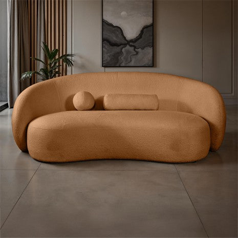 FM61116BR-SF Brevik terracotta browm chenille fabric curved back sculpted silhouette modern sofa with throw pillows