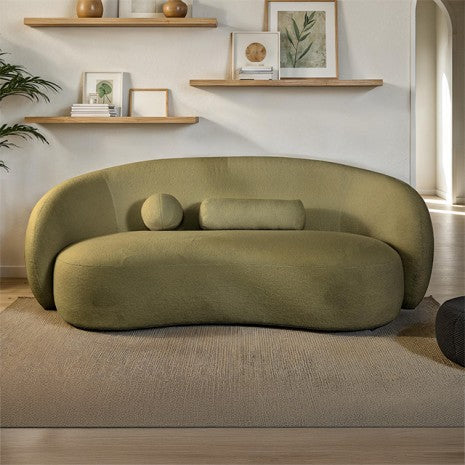 FM61116GR-SF Brevik Olive green chenille fabric curved back sculpted silhouette modern sofa with throw pillows
