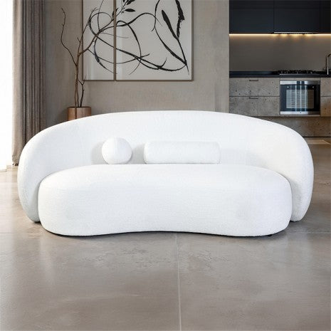 FM61116WH-SF Brevik white chenille fabric curved back sculpted silhouette modern sofa with throw pillows