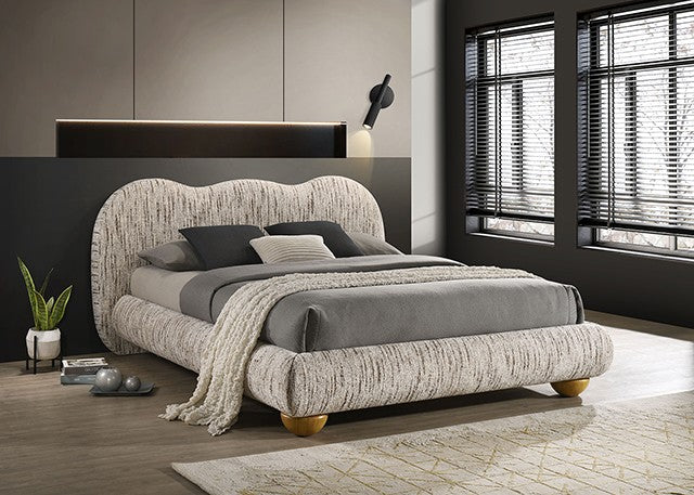 FM72005LB Finamore latte brown fabric upholstered and tufted natural oak legs camel back style queen bed