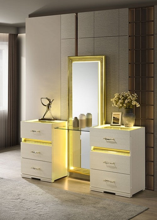 FM72015BG-V-SET  3 pc Lucida beige crocodile skin texture gold accents LED make up vanity set