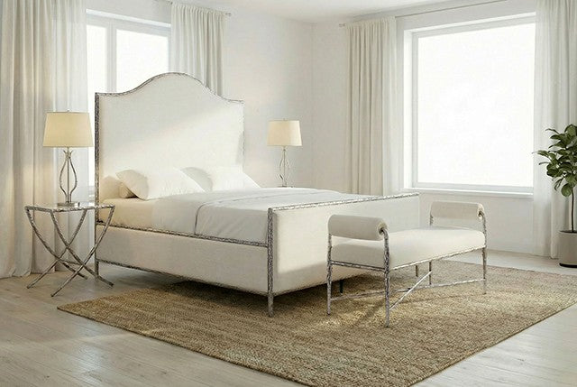 FM77001GY Vilna gunmetal finish metal frame fabric upholstered rounded top queen bed