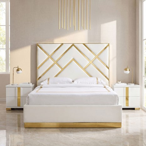 Stavola Gold/White Tufted Fabric Upholstered Queen Bed – FM77006GDWH