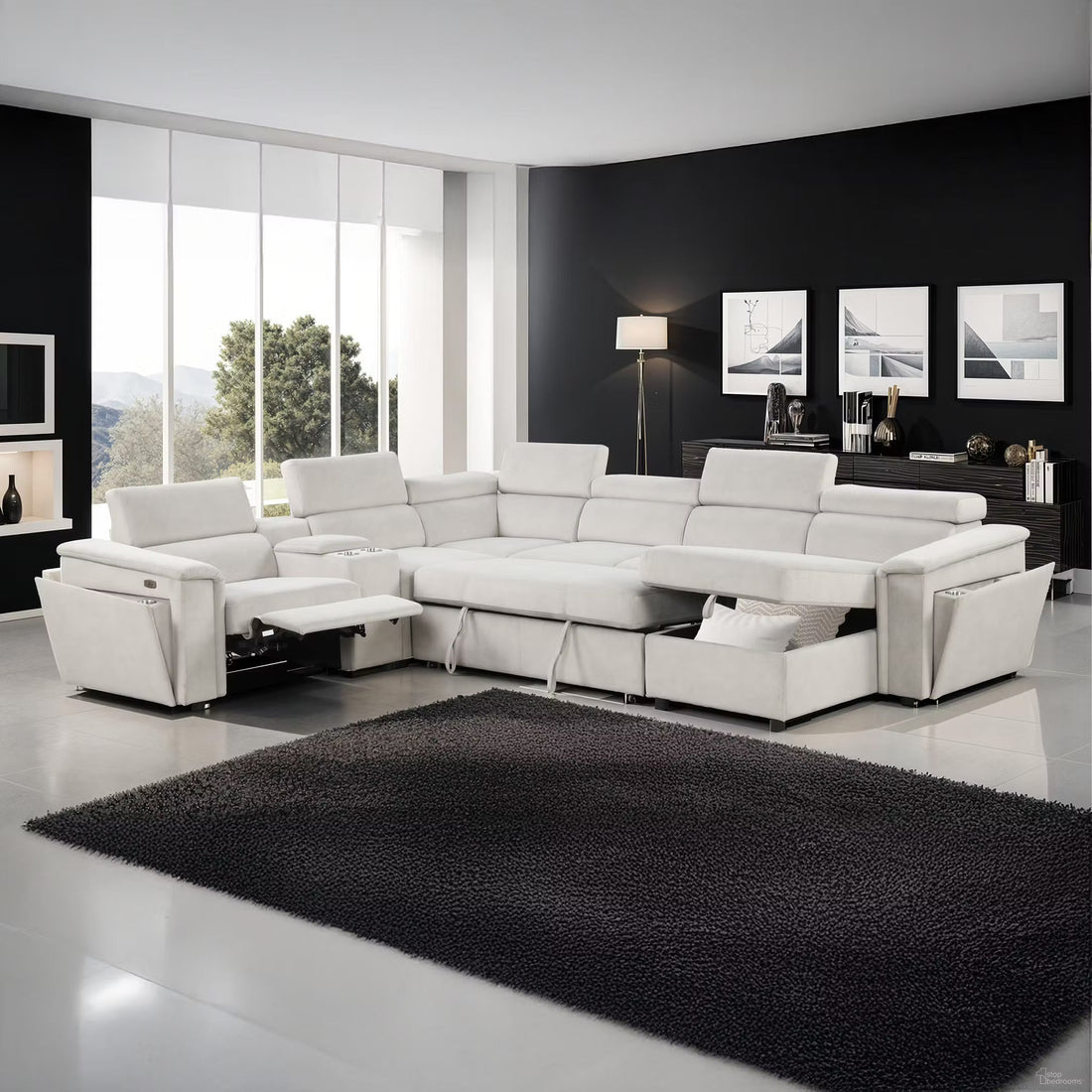 6 pc Harvey beige fabric power motion sectional sofa with usb charging storage arm sleeper and storage chaise