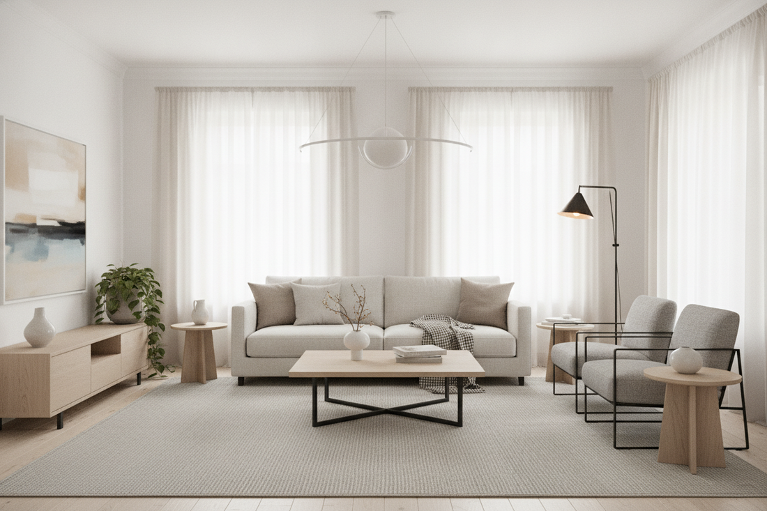 Neutral decor inspiration for how to style a modern living room with minimalist furniture and natural light