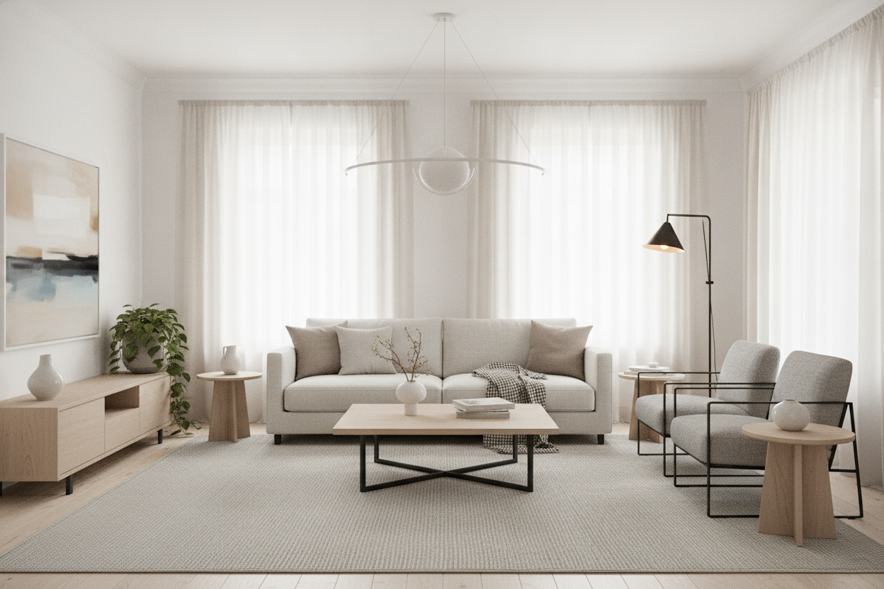 Neutral decor inspiration for how to style a modern living room with minimalist furniture and natural light