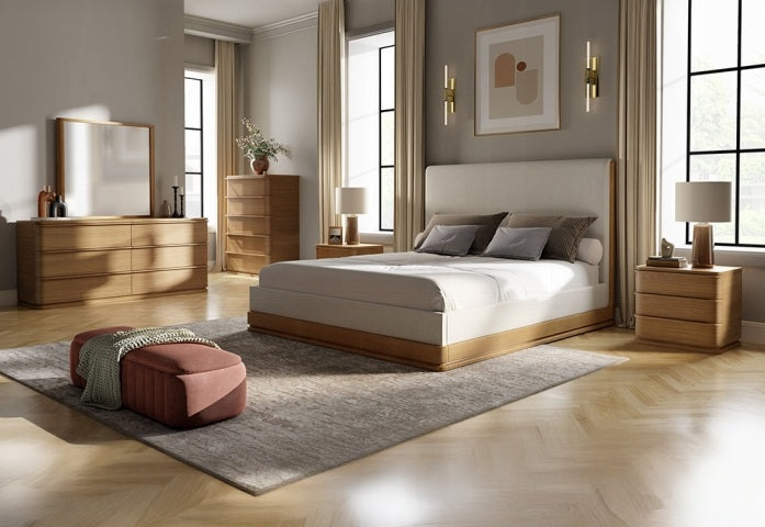Acme BD04852-4PC Zoey oak finish wood beige fabric upholstered headboard modern queen bedroom set. ***Savings Sale Event Going On Now***Discounted Price When You Add To Cart up to 35% off. Click Financing For Easy Payment Options at ambfurniture.com