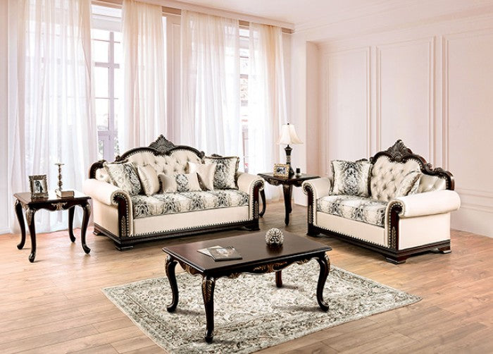 FM65004BG 2 pc Yucatan beige fabric traditional sofa and love seat set dark cherry wood trim