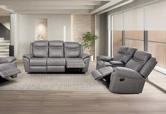 NX6001WG-2PC 2 pc Agata warm grey leather like fabric sofa and love seat recliner ends with cup console on sale at ambfurniture.com