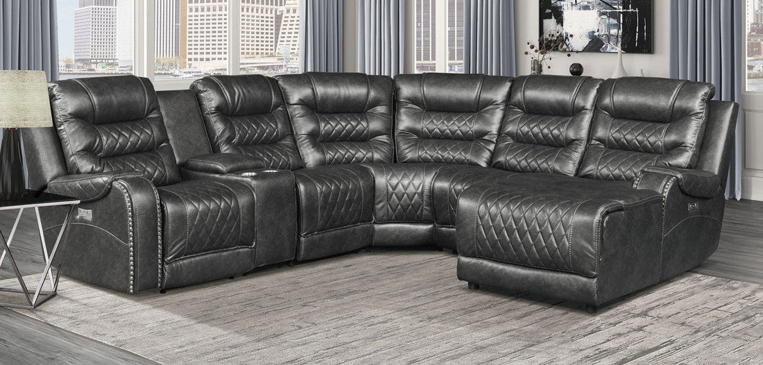 Homelegance 9405GY-6LRRC 6 pc Putnam gray diamond pattern polished microfiber sectional sofa with power recliners and chaise