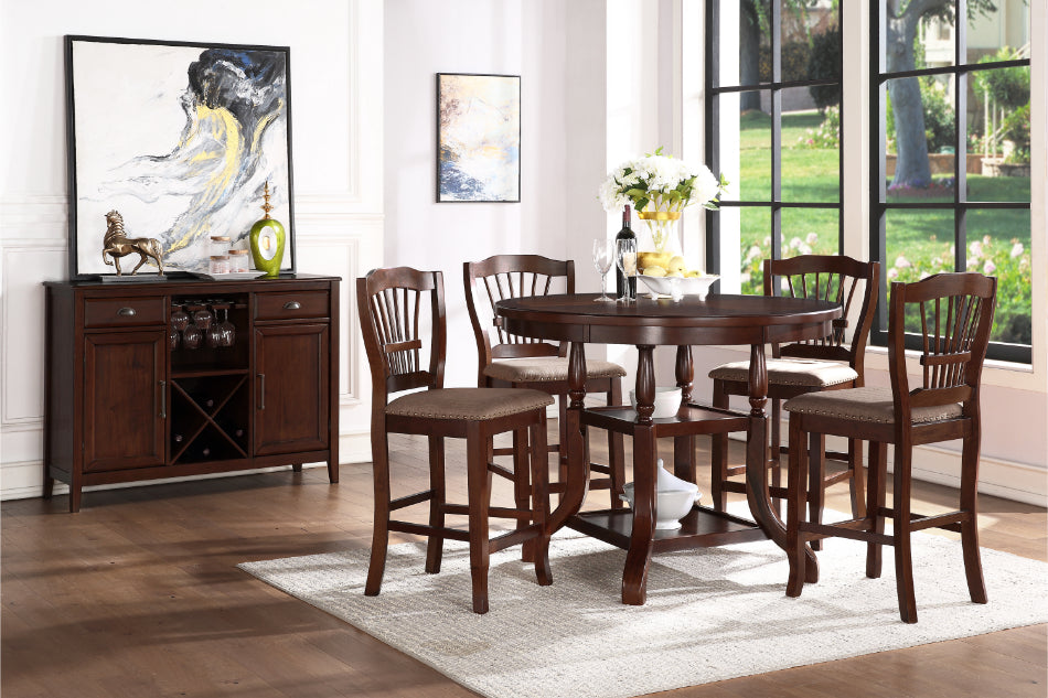 40-2541-12-5PC 5 pc Bixby espresso cherry finish wood 47" round counter height dining table set fabric upholstered seats