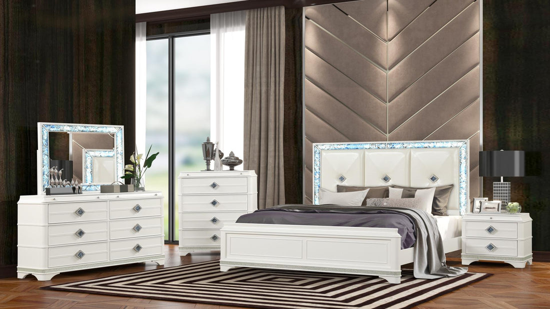 Laguna-4PC Laguna white finish wood queen bedroom set with blue translucent faux marble accents